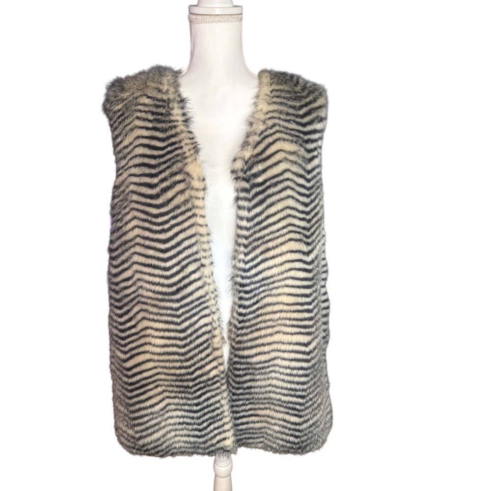 Betsey Johnson Faux Fur Vest Black Cream Zebra Print Ladies Large